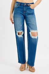 Mid Waist Fit Boyfriend Knee Distressed Jeans With Plus Size Risen