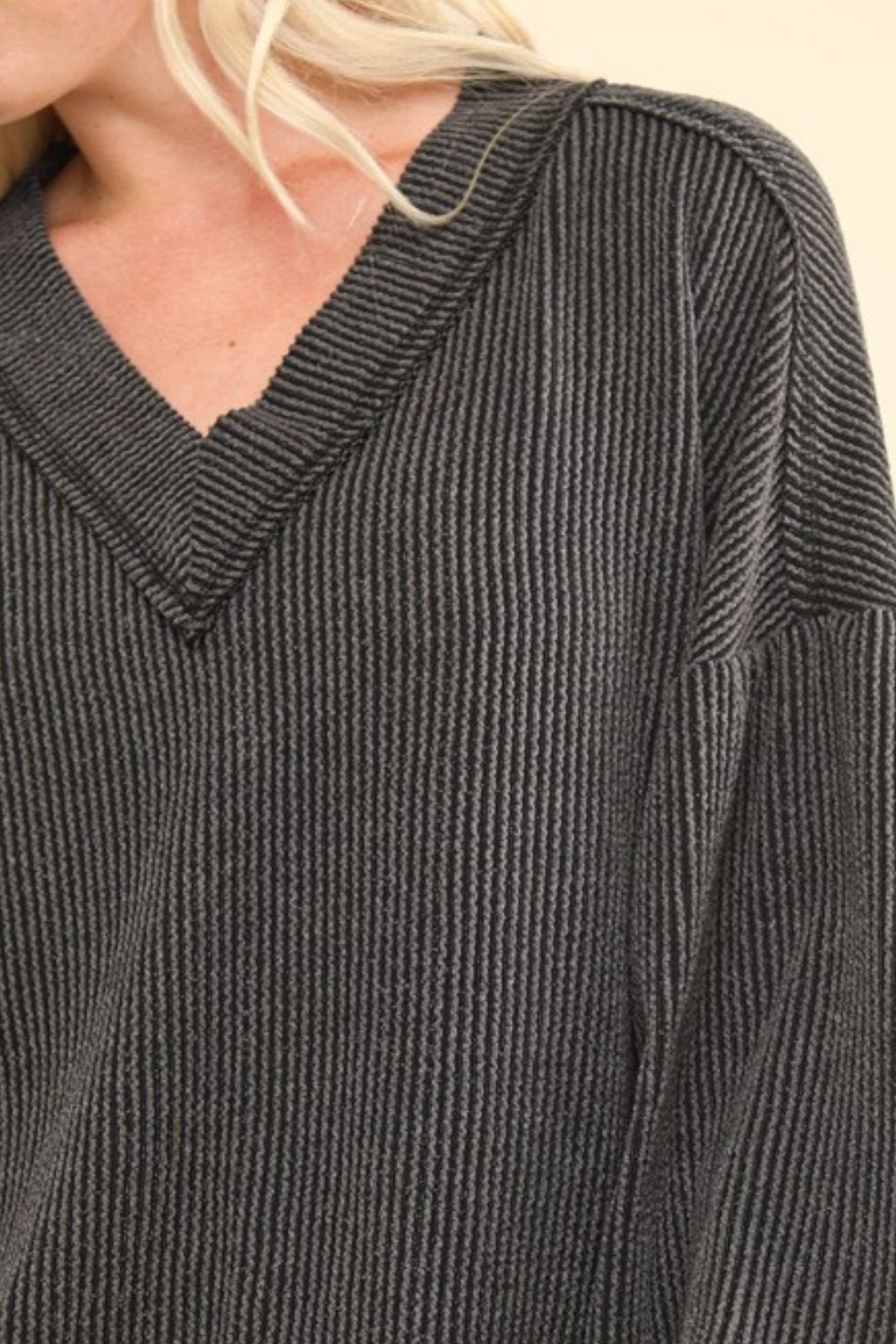 Two Tone Ribbed V-Neck Exposed Seam Top Very J   