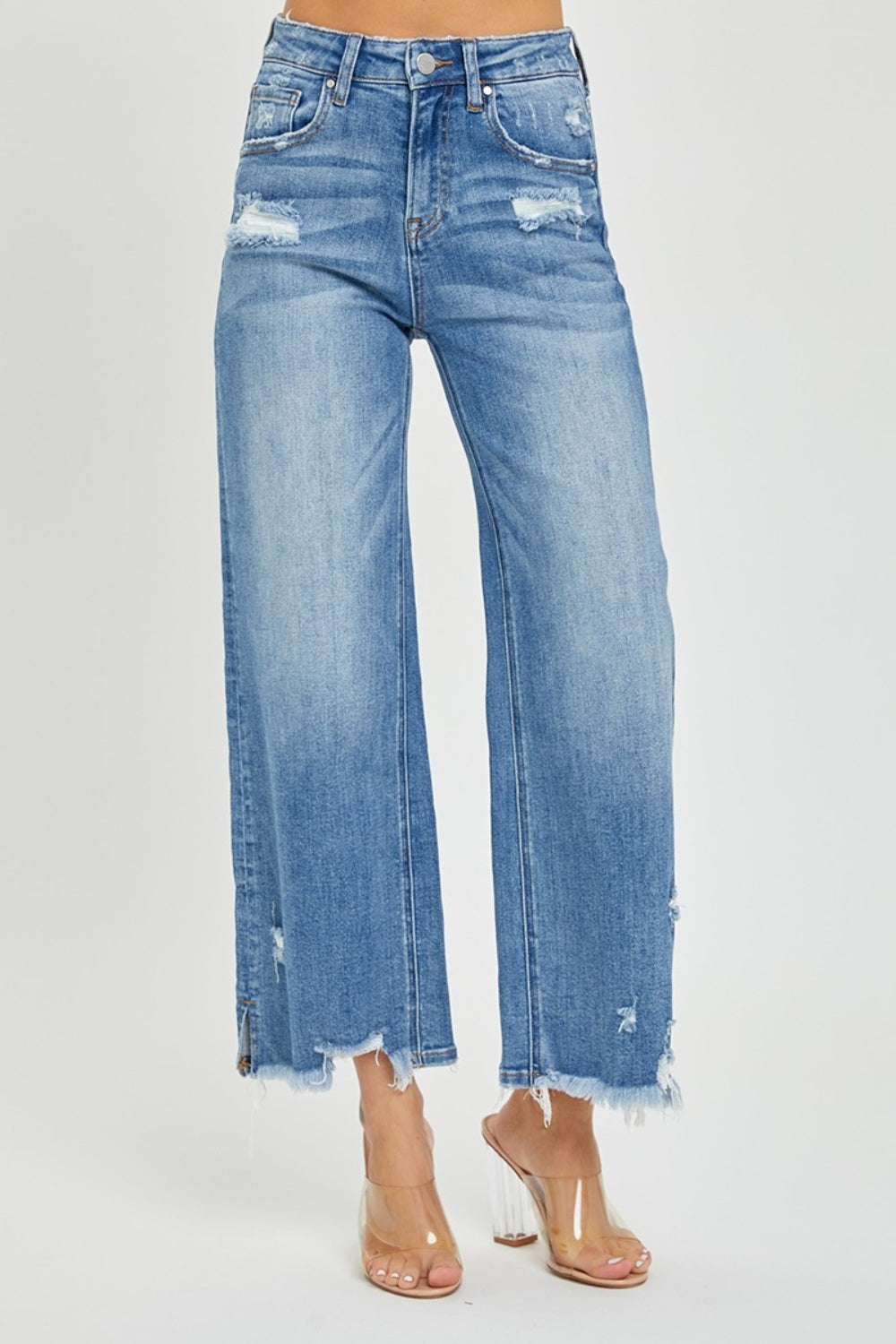 High Rise Side Slit Raw Hem Cropped Jeans Risen   