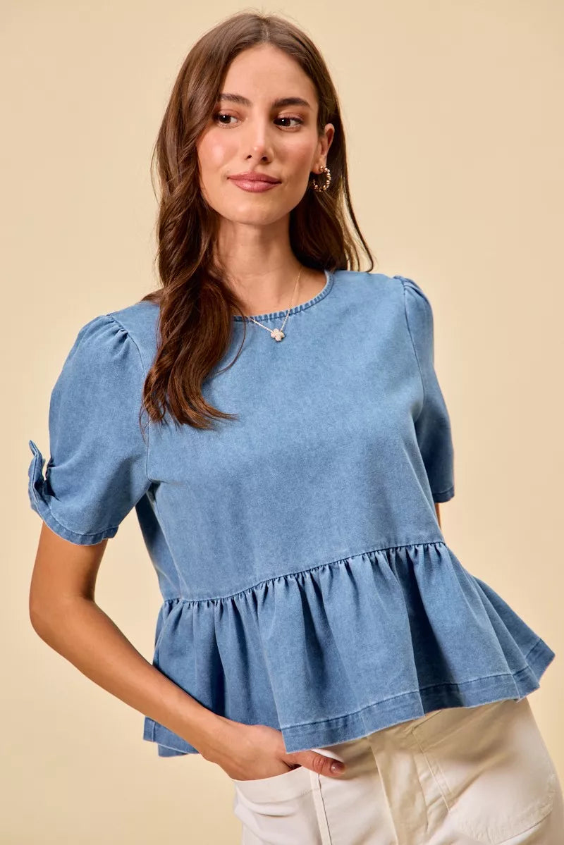 Denim Bow Detail Short Sleeves Peplum Top So Me