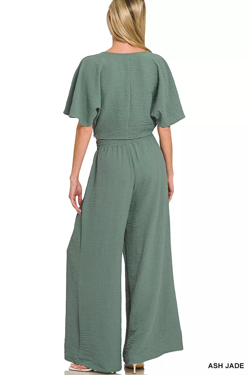 Woven Airflow Twisted Top & Wide Leg Pants Set ZENANA