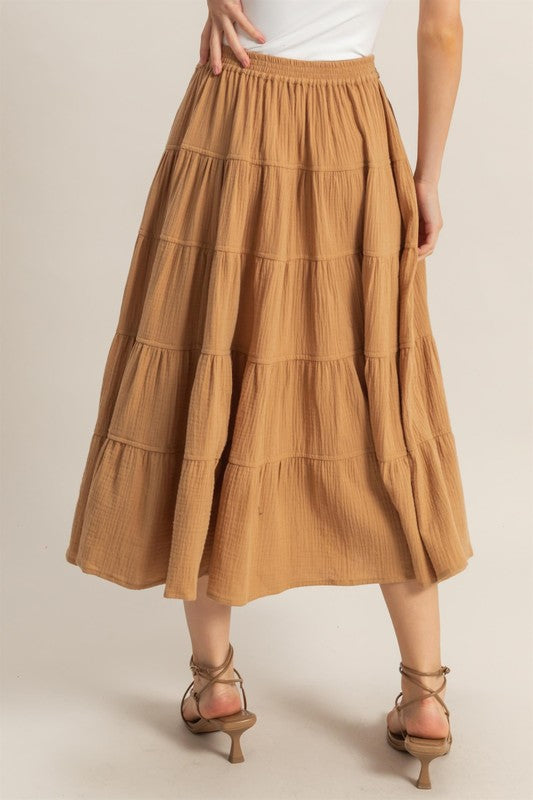 Double Gauze Tiered Midi Skirt with Pockets HYFVE