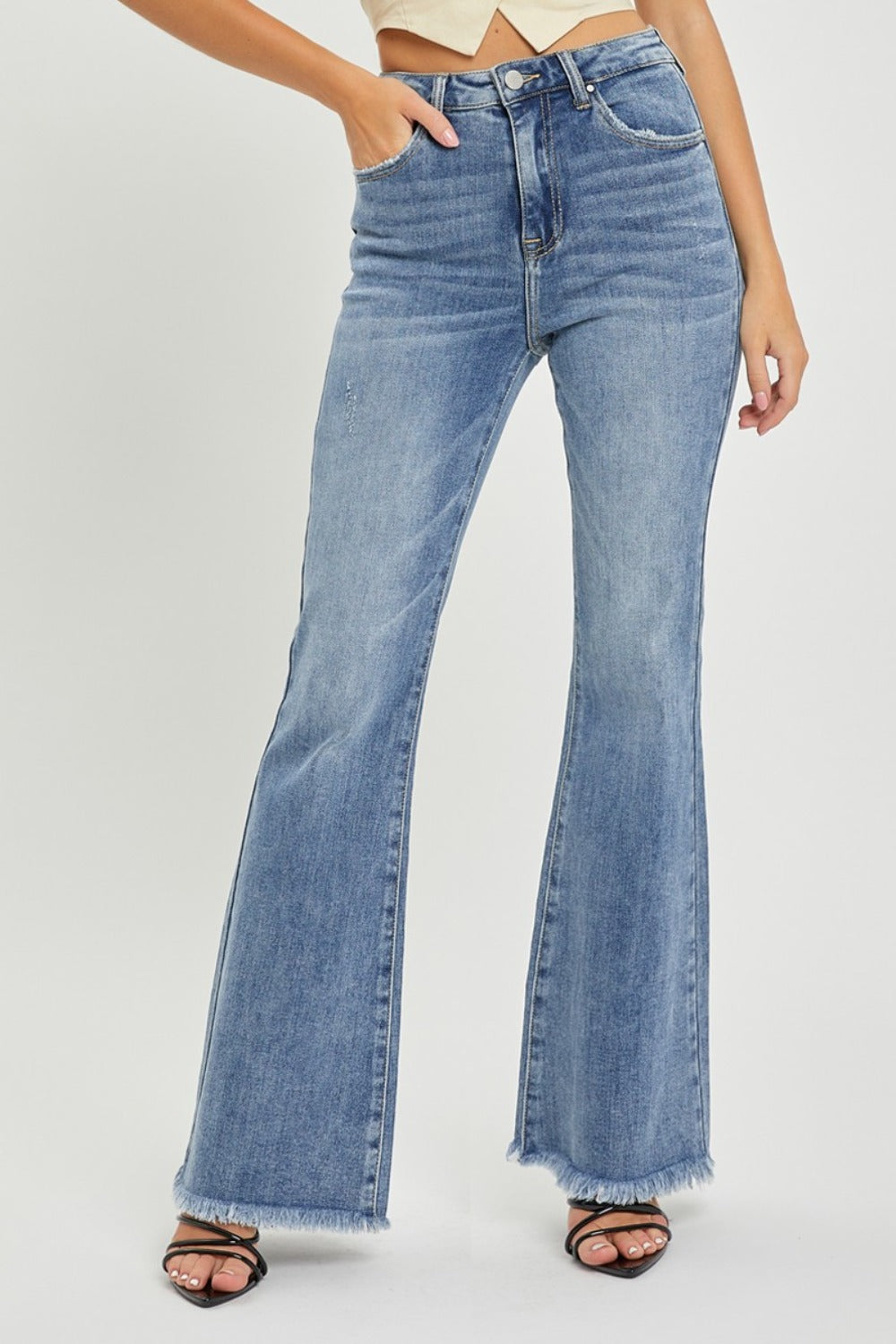 High Waist Raw Hem Flare Jeans Risen Medium 0(24) 