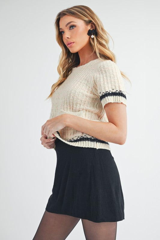 Round Neck Short Sleeve Tweed Sweater Aemi + Co