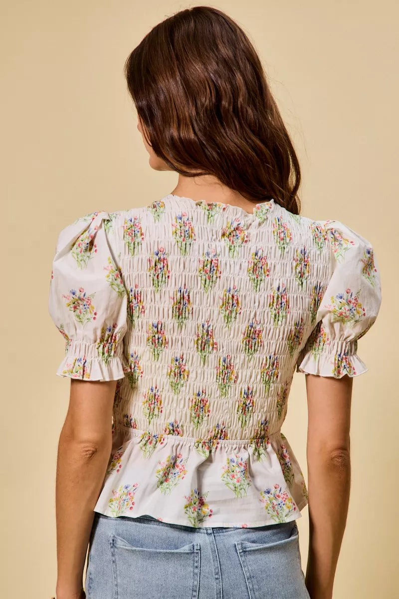 Floral Cotton Smocked Short Sleeves Blouse So Me