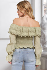 Smocking Blouse with Eyelet Lace Ruffle Adora