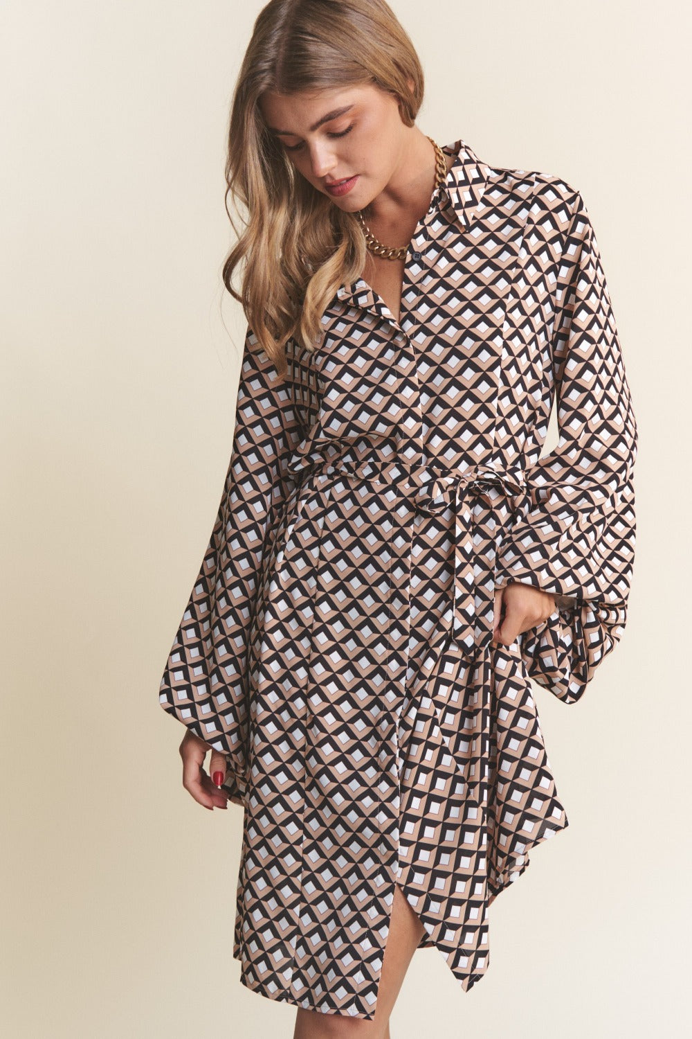 Geometric Balloon Long Sleeve Midi Dress J.NNA   