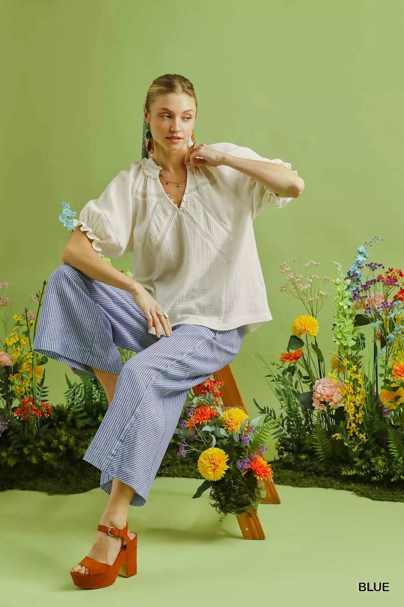 Linen Blend Striped Wide Leg Pants Umgee