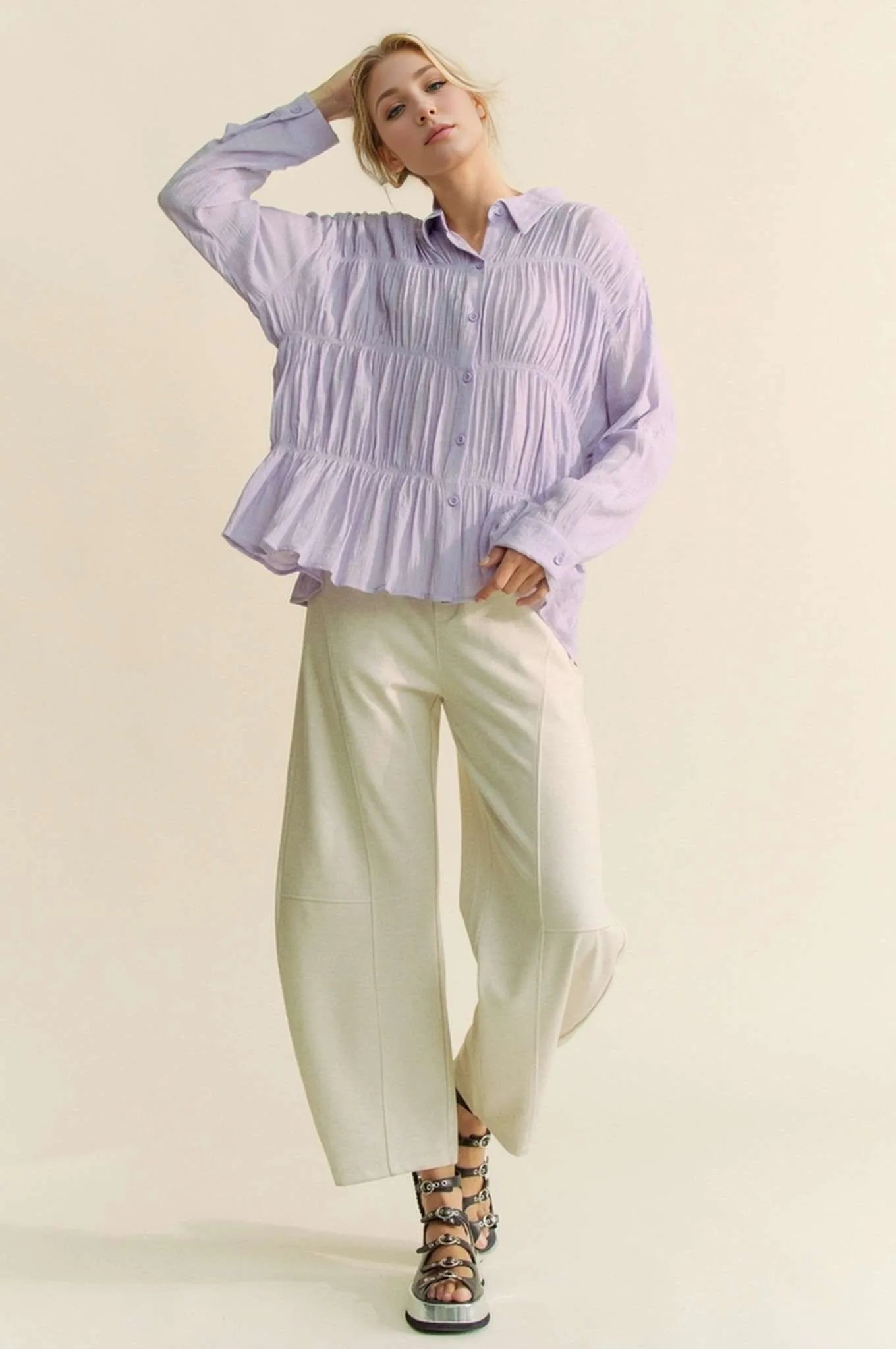 Ruched All Over Button Front Shirt Davi & Dani