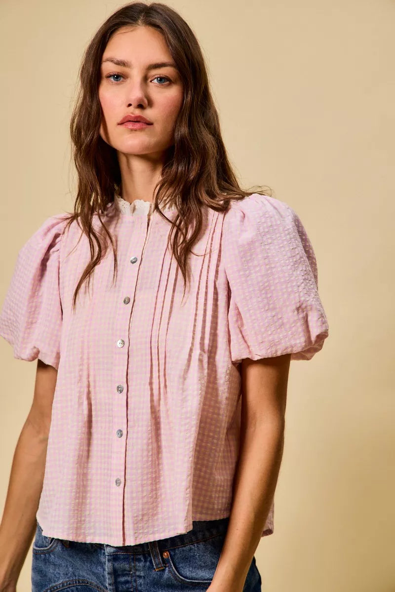 Gingham Lace Trim Button Bubble Sleeves Blouse So Me