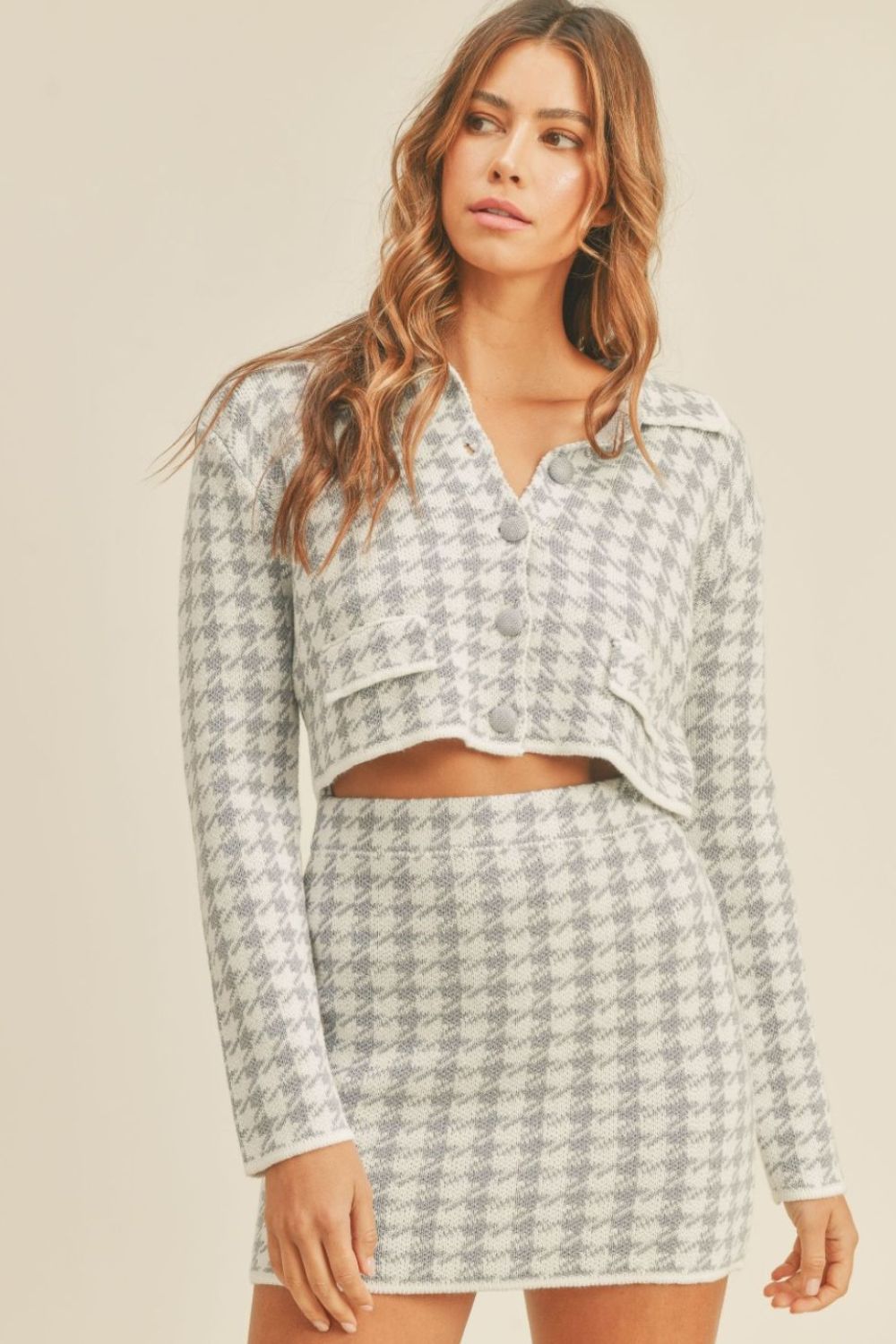 Houndstooth Cropped Knit Cardigan and Mini Skirt Set Mable Blue S 