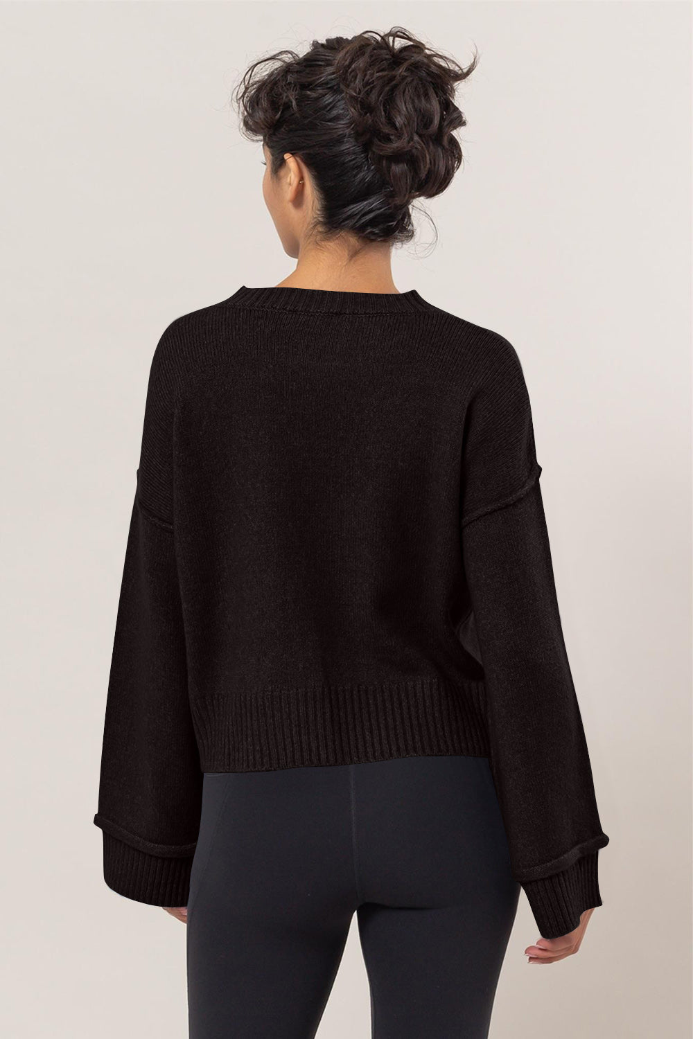 Round Neck Dropped Shoulder Ribbed Sweater HYFVE   