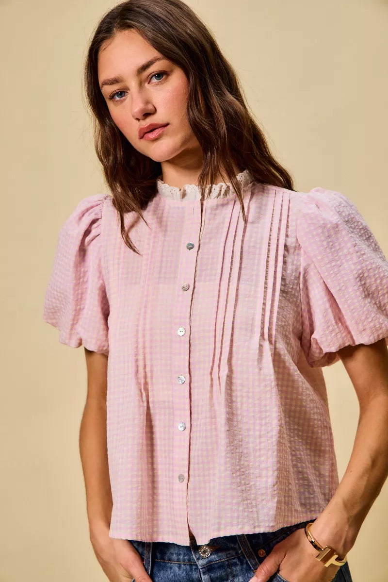 Gingham Lace Trim Button Bubble Sleeves Blouse So Me