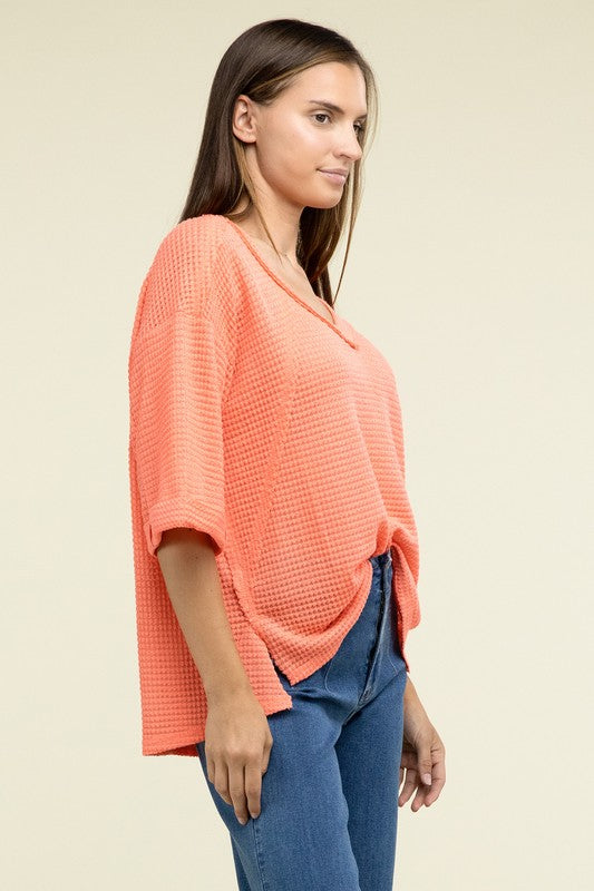 Brushed Waffle Relaxed 3/4 Sleeve Top ZENANA   