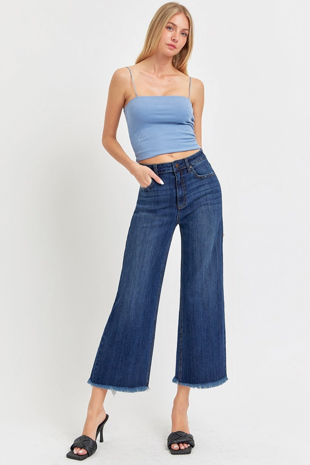 Full Size Raw Hem Cropped Wide Leg Jeans Risen   