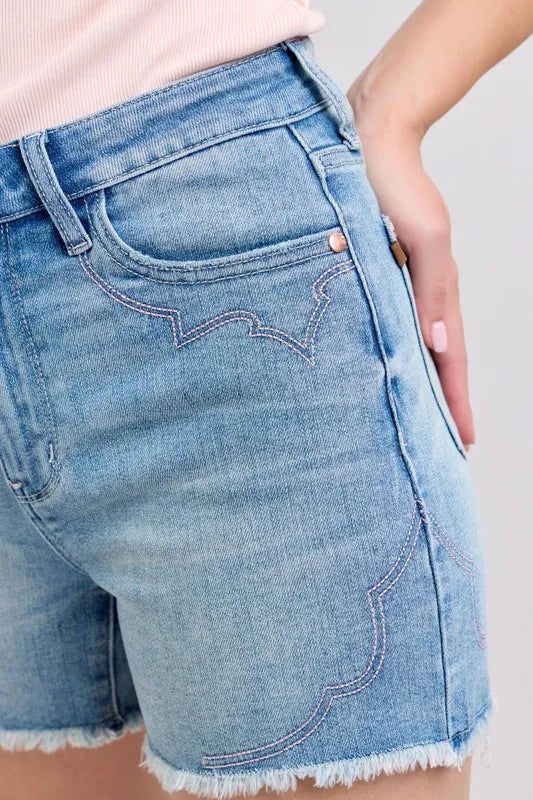 High Waist Western Embroidery Detail Cut Off Denim Shorts Judy Blue
