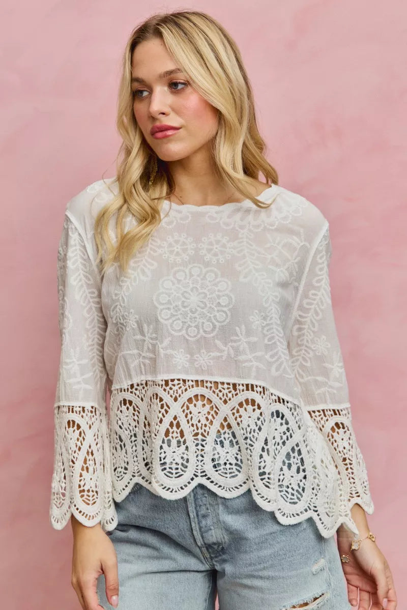 Floral Embroidered Crochet Lace Trimmed Top So Me