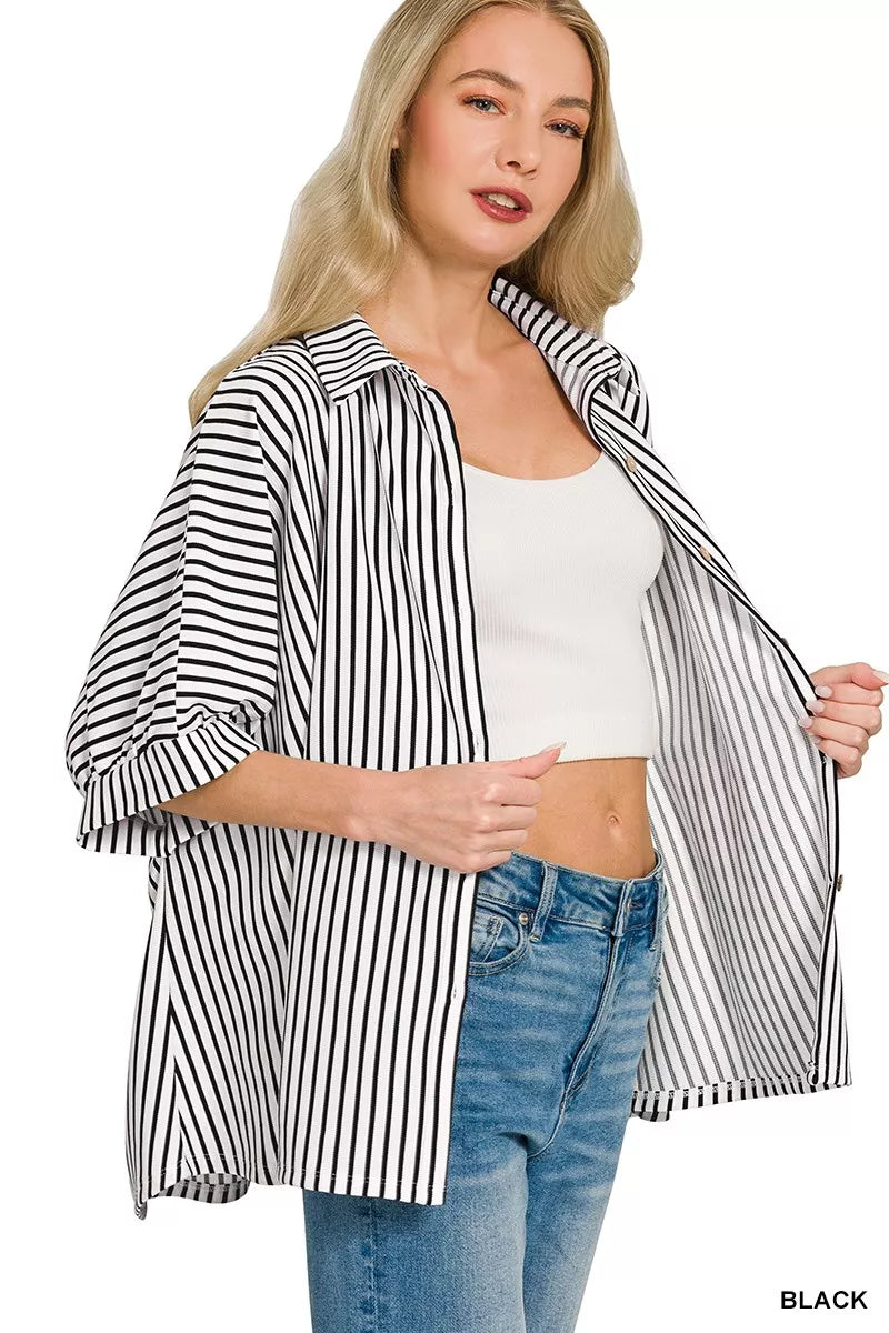 Oversized Stripe Button Down Shirt ZENANA