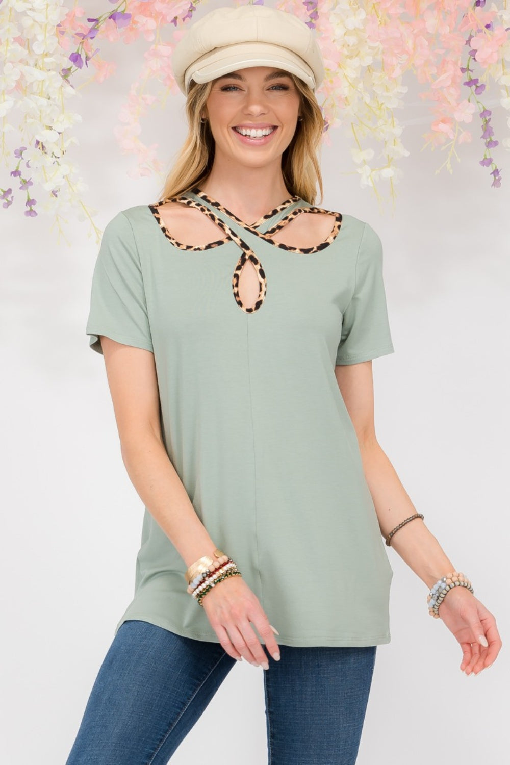 Crisscross Cutout Leopard Contrast Trim T-Shirt Celeste   