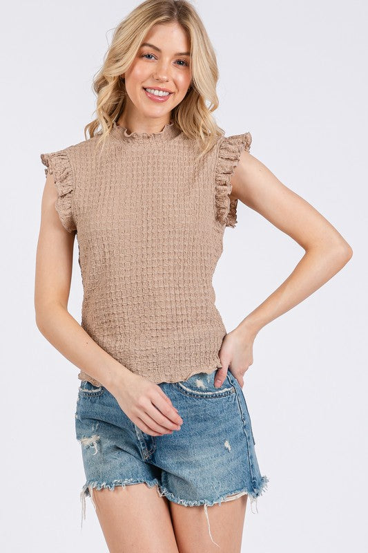 Textured Mock Neck Ruffle Cap Sleeve Blouse Ces Femme Camel S