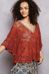 V-Neck Crochet Top with Scalloped Hem POL
