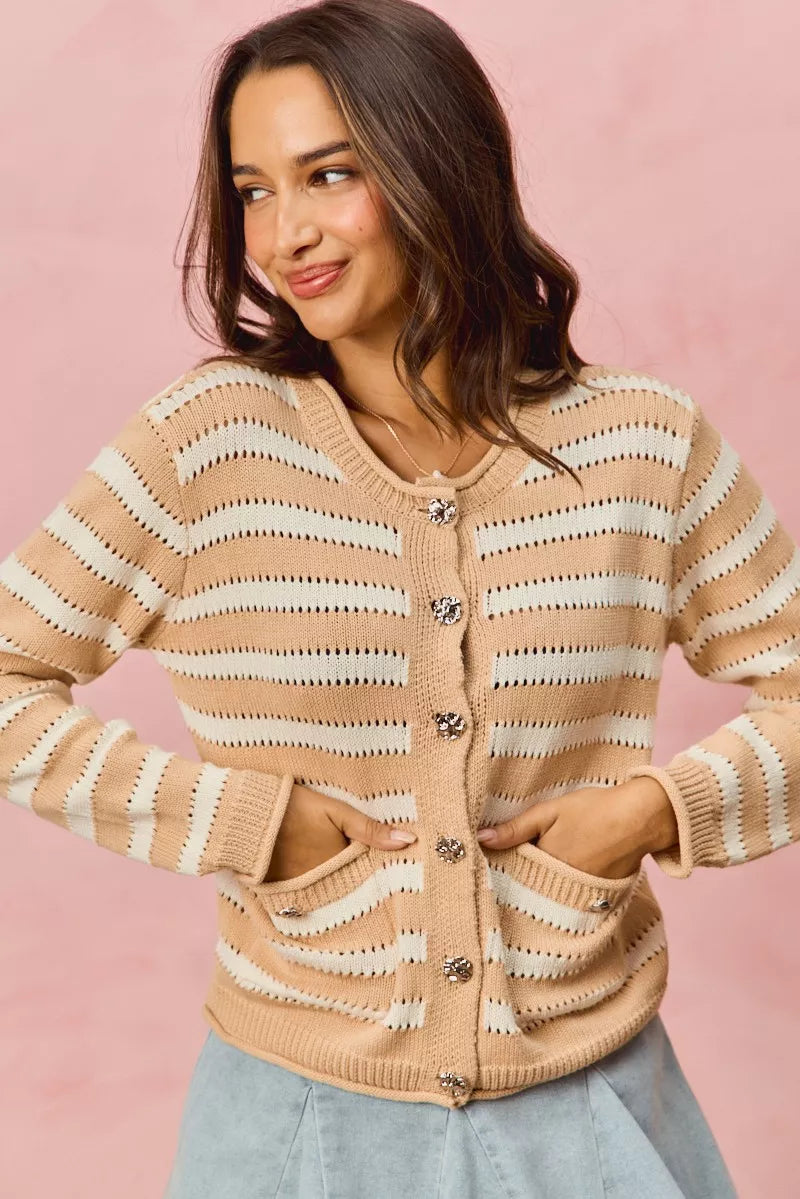 Stripe Long Sleeves Button Sweater Cardigan So Me