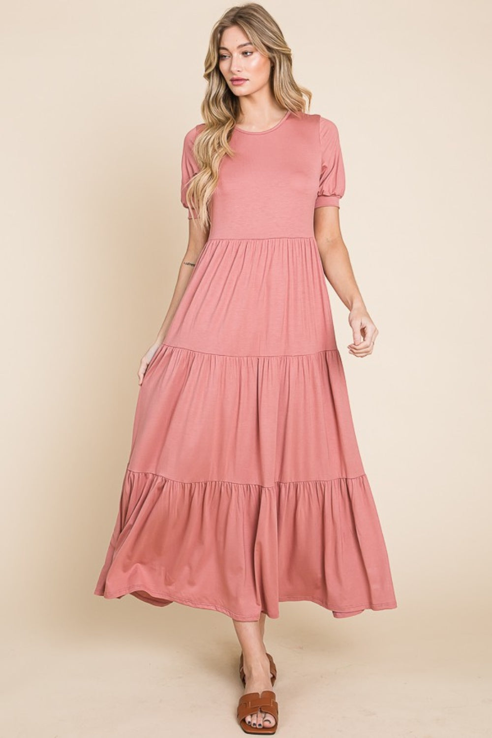 Ruched Short Sleeve Tiered Maxi Dress BomBom Brick S 