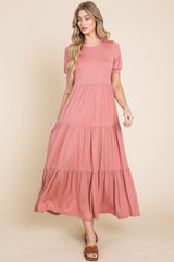 Ruched Short Sleeve Tiered Maxi Dress BomBom Brick S 