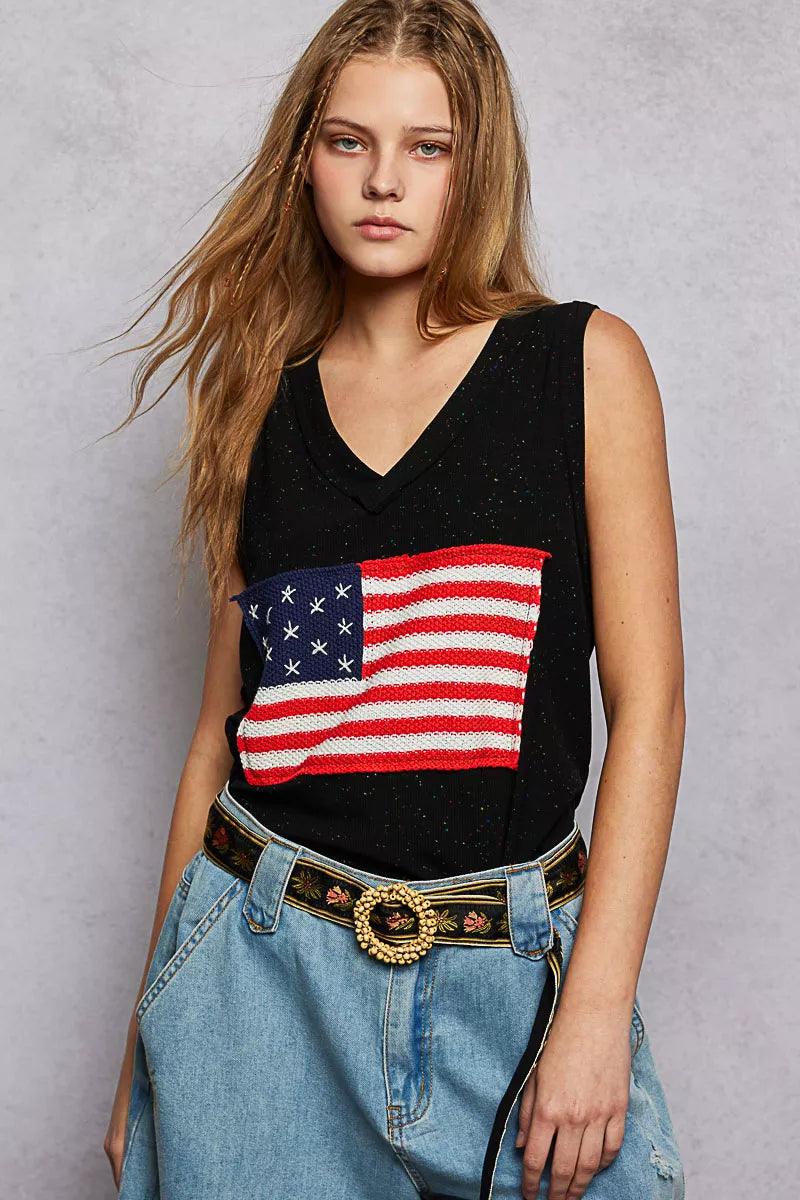 V-Neck Ribbed Tank with American Flag Patch and Star Back Patch POL