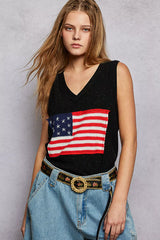 V-Neck Ribbed Tank with American Flag Patch and Star Back Patch POL