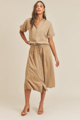 Short Sleeve Top and Button Down Midi Skirt Set Mable Taupe S 