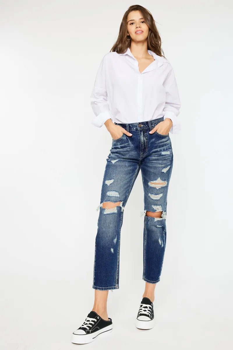 High Rise Distressed Mom Fit Jeans Kancan