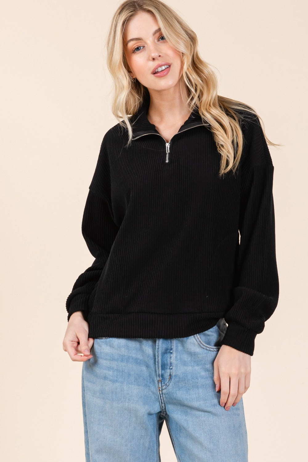 Quarter Zip Long Sleeve Sweatshirt with Pockets BomBom   