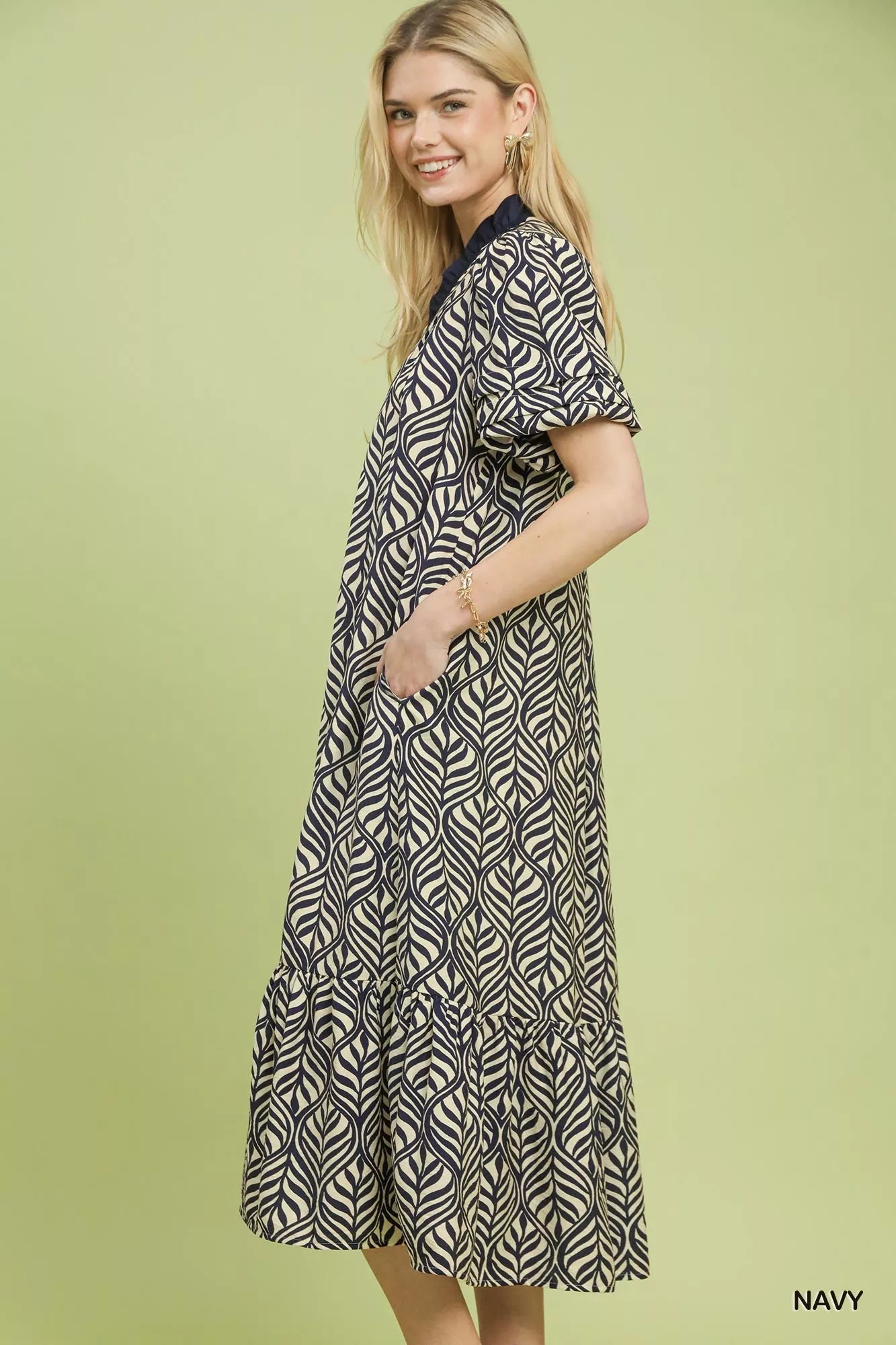 Umgee Leaf Print Ruffle Neck Midi Dress Trendsi