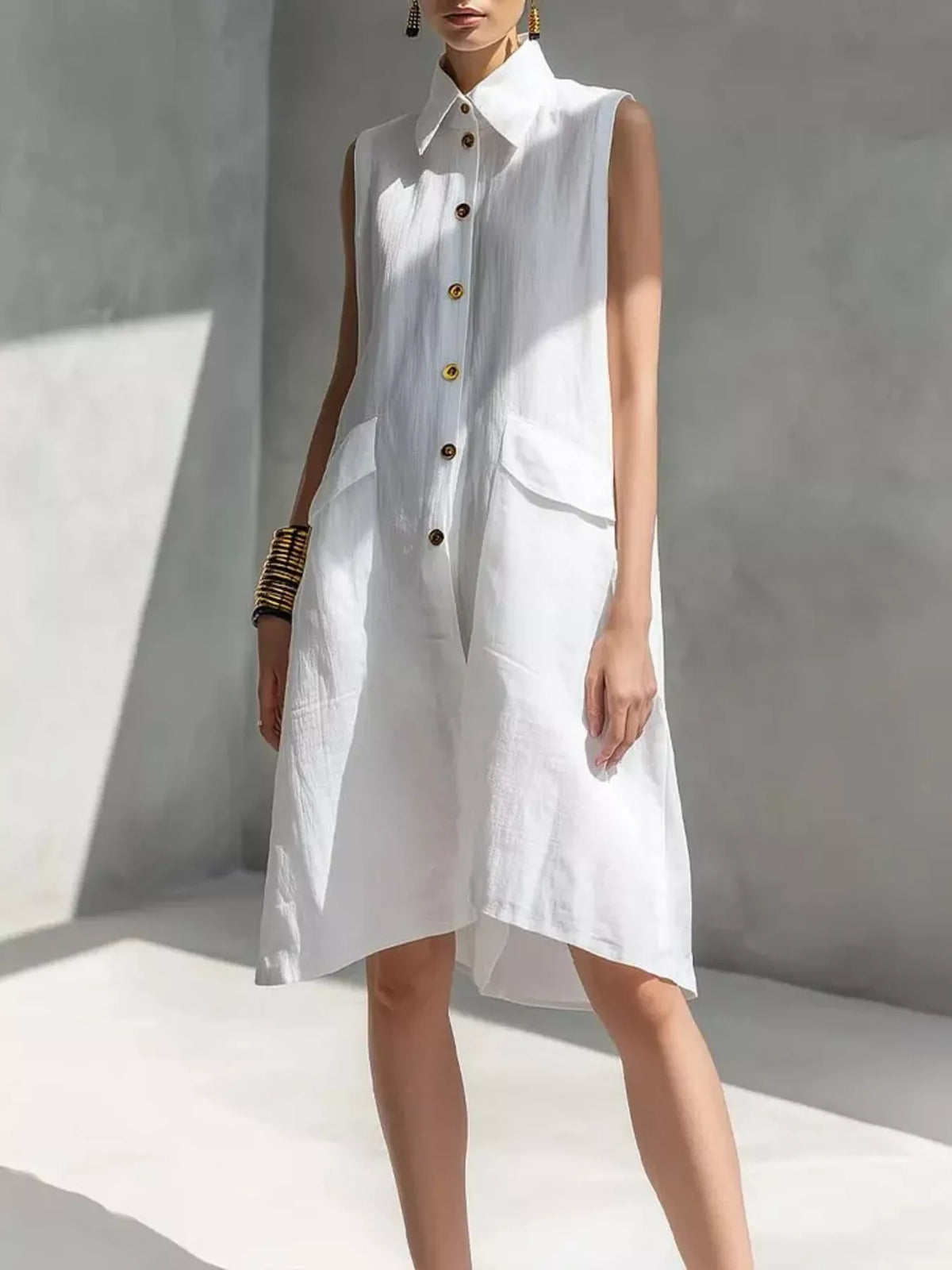 Simmer & Fay button-front sleeveless collared shirt dress for women in white with pockets