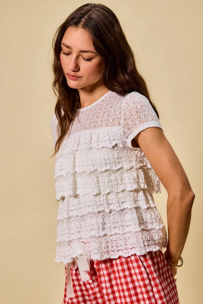 Ruffle Tiered Stretch Lace Short Sleeves Knit Top So Me