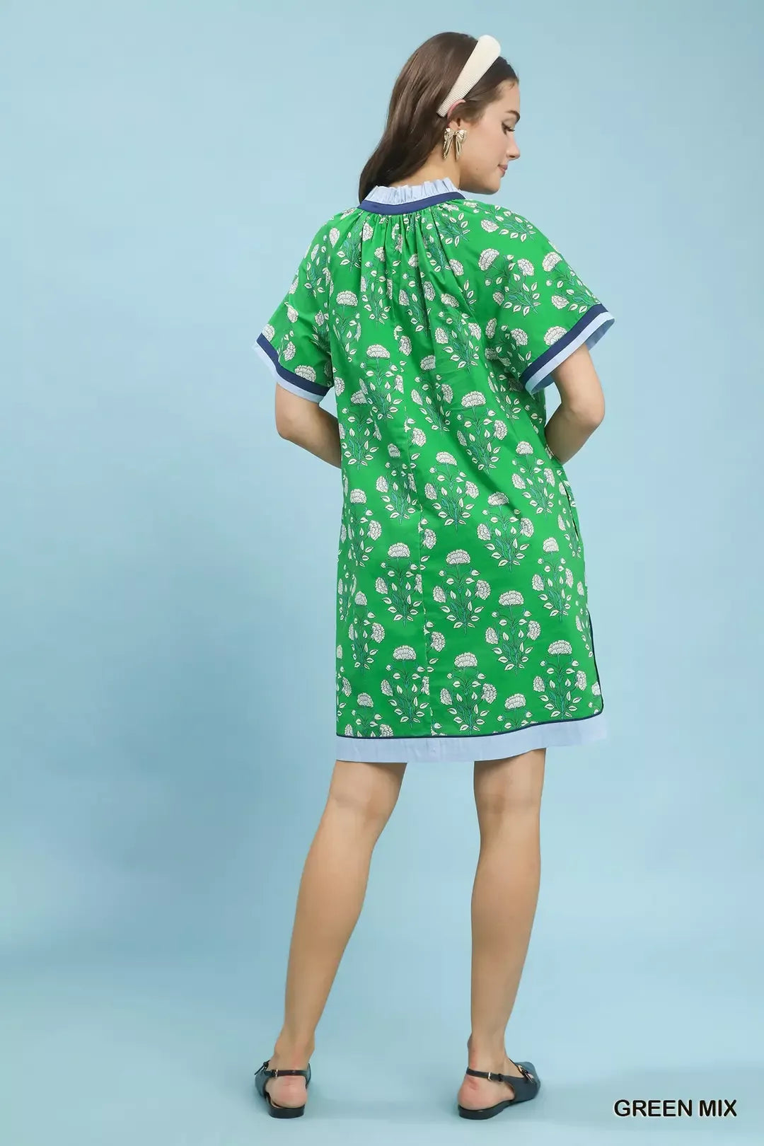 Printed Split Neck Short Sleeve Shift Dress Umgee