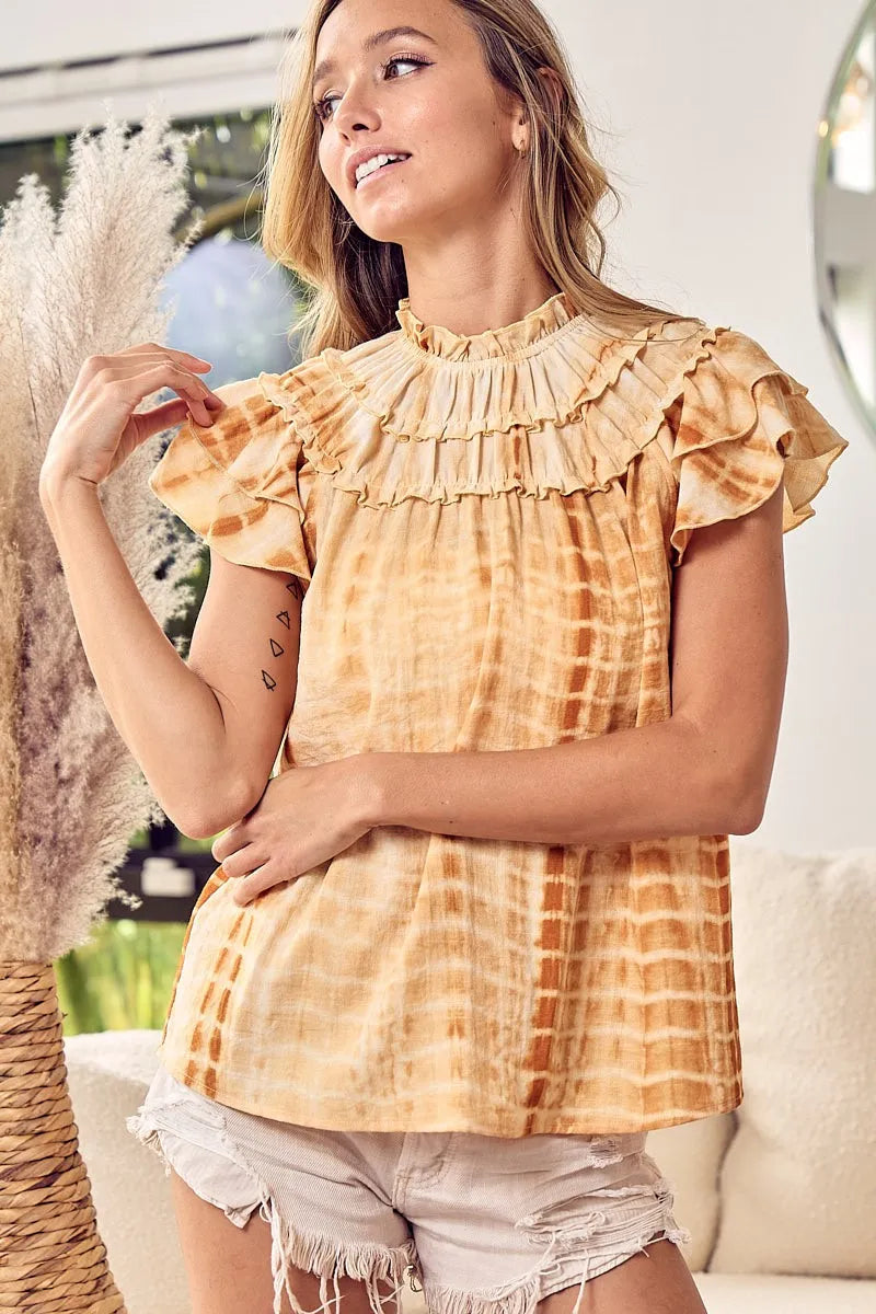 Tiered Ruffle Neck Tie Dye Top BiBi