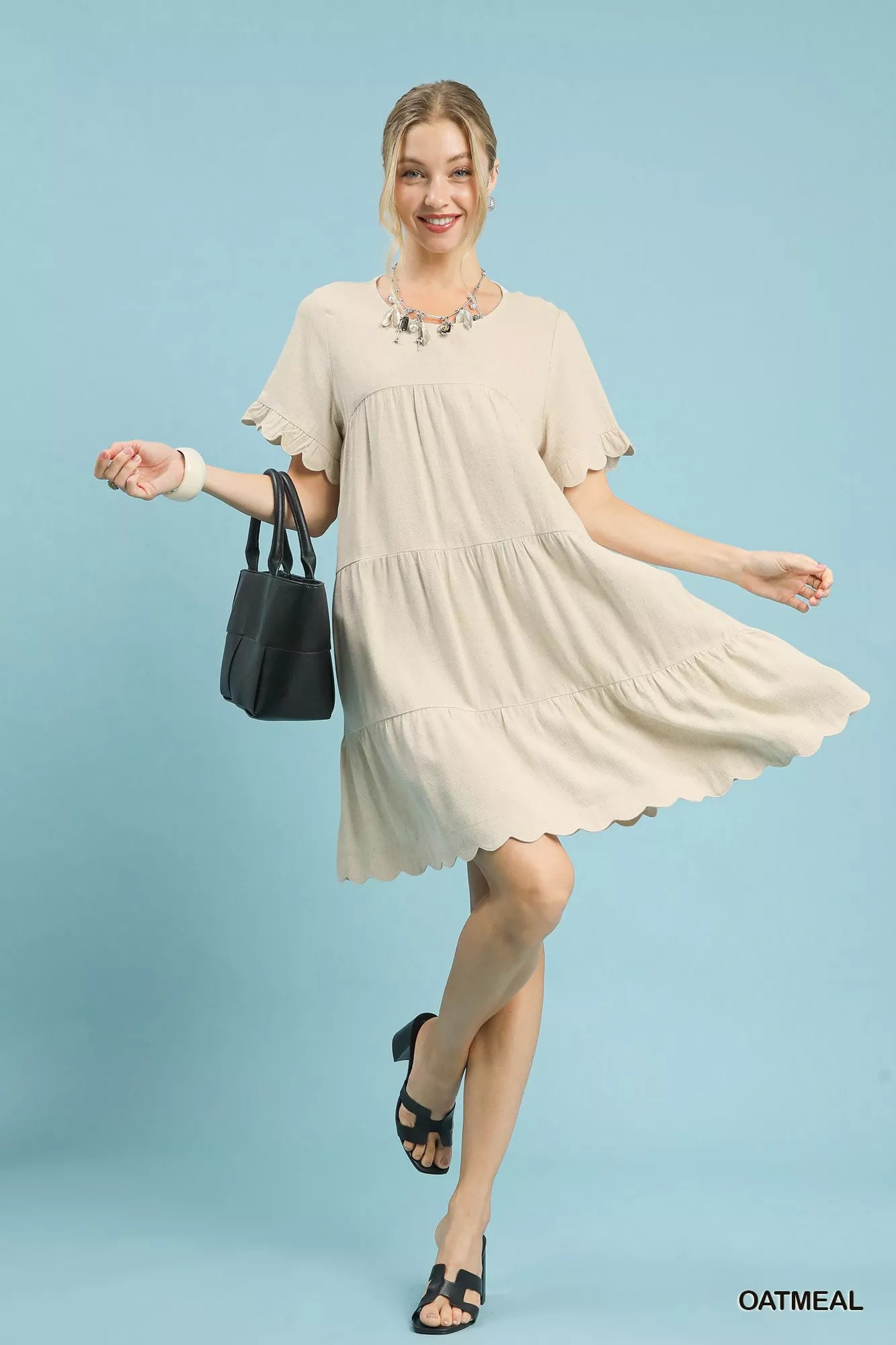 Linen Tiered Babydoll Dress with Ruffle Sleeves Umgee