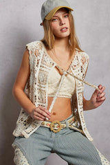 POL Tie Front Floral Pattern Crochet Vest with Scalloped Edge Trendsi