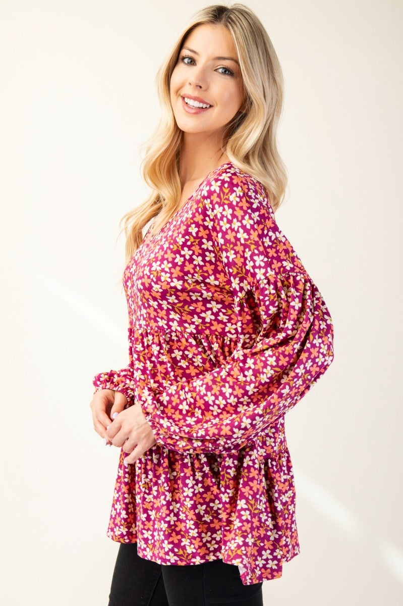 Floral V-Neck Balloon Sleeve Blouse Celeste   