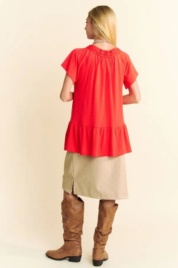 Solid Lace Trim Neck Short Sleeve Peplum Top Davi & Dani