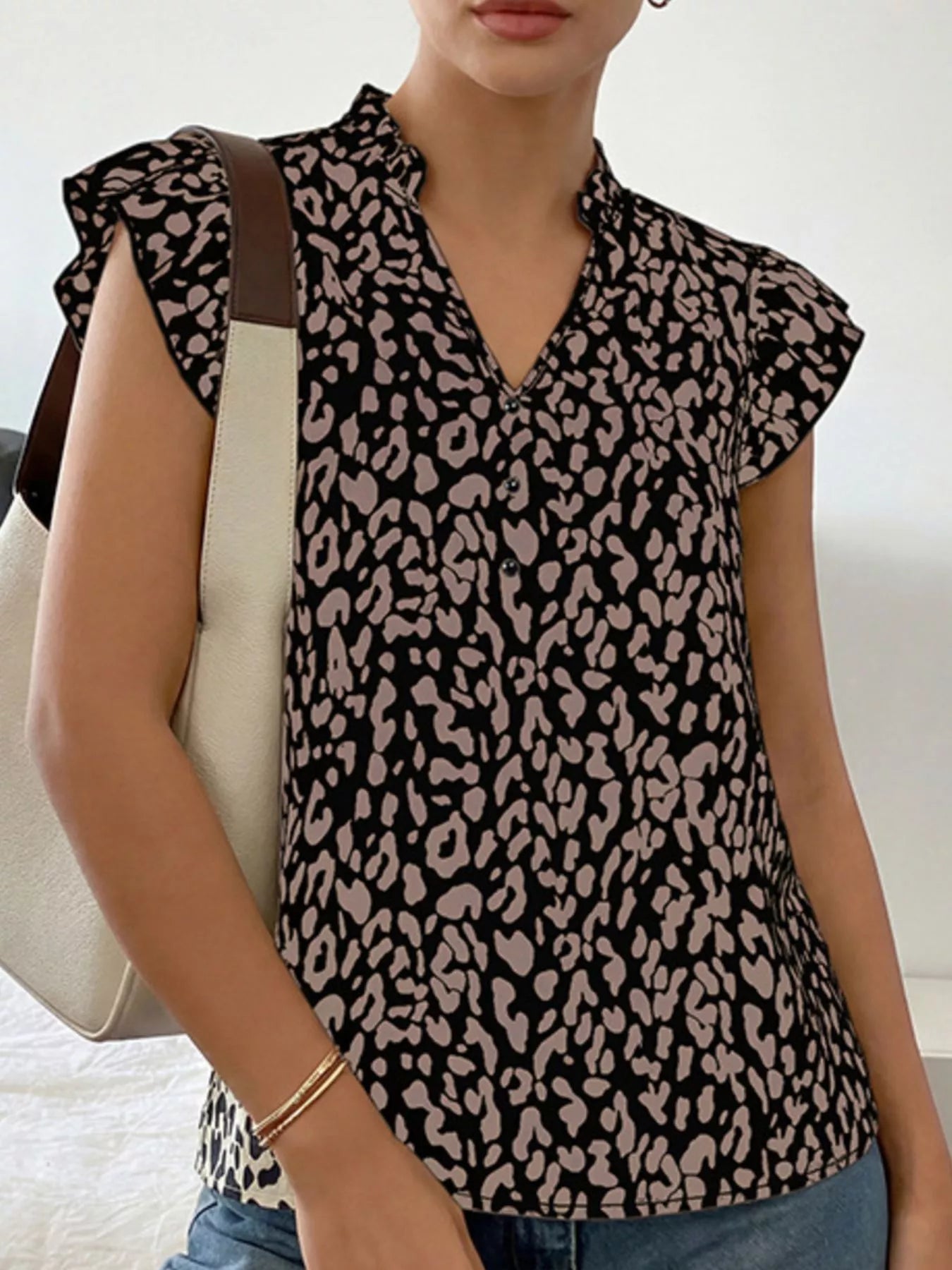 Leopard Print Ruffle Sleeve Blouse Simmer & Fay Black S
