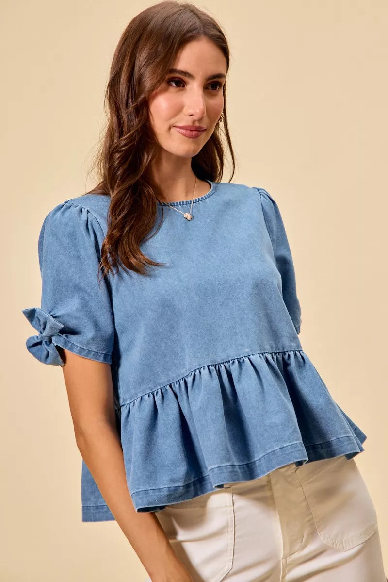 Denim Bow Detail Short Sleeves Peplum Top So Me