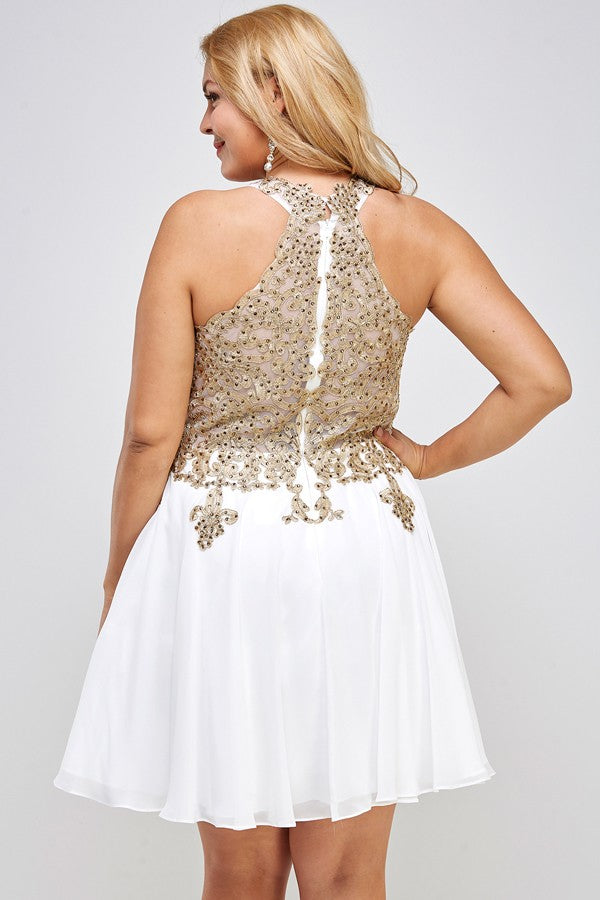 Plus Size Gold Embroidered Elegant Halter A-Line Cocktail Dress LA SCALA