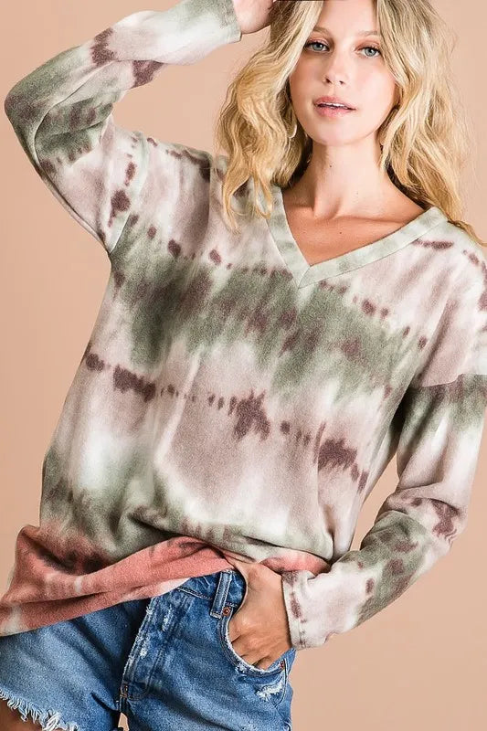 Brushed Tie Dye Looking Print V Neck Top BiBi