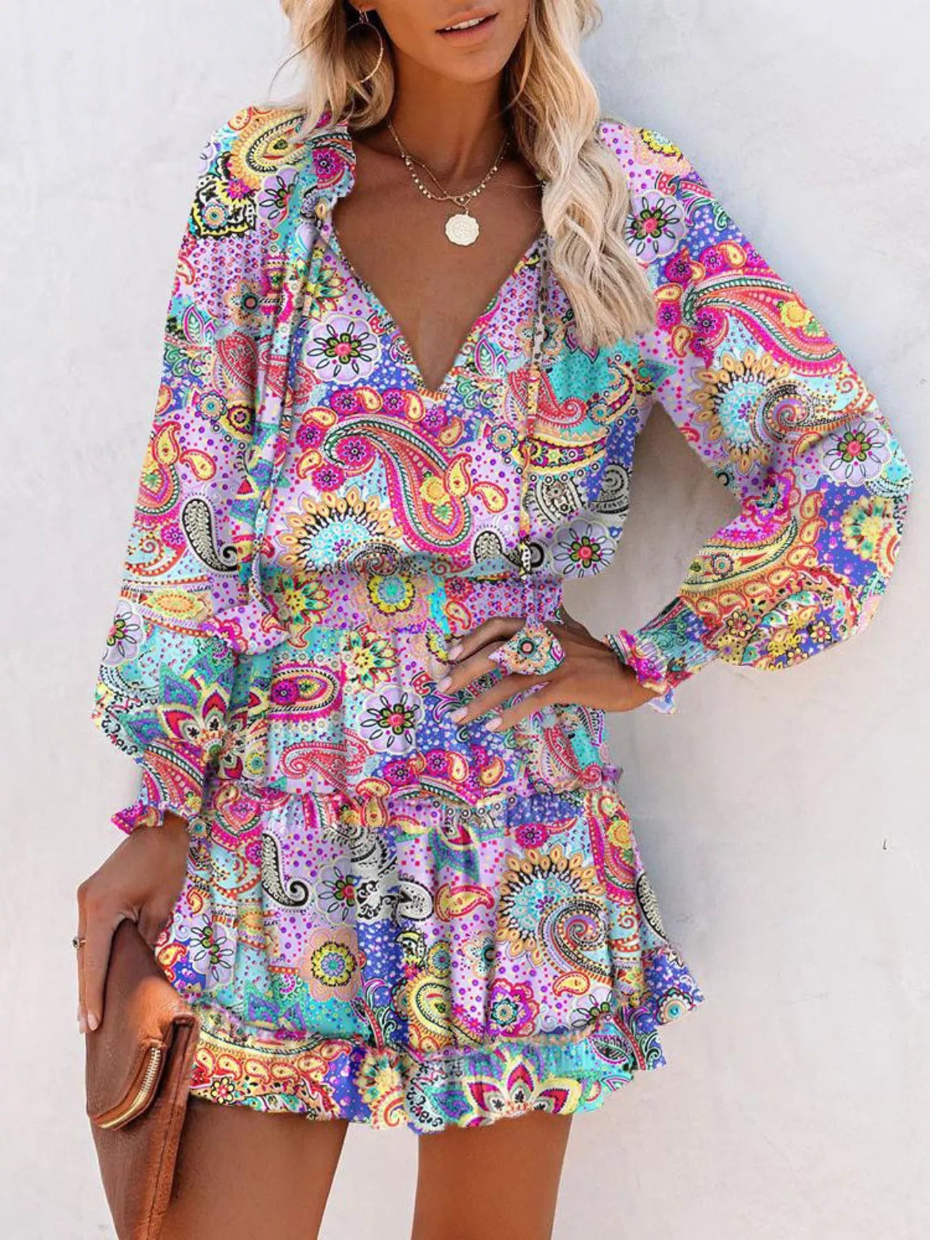 Tie Neck Lantern Sleeve Dress Simmer & Fay
