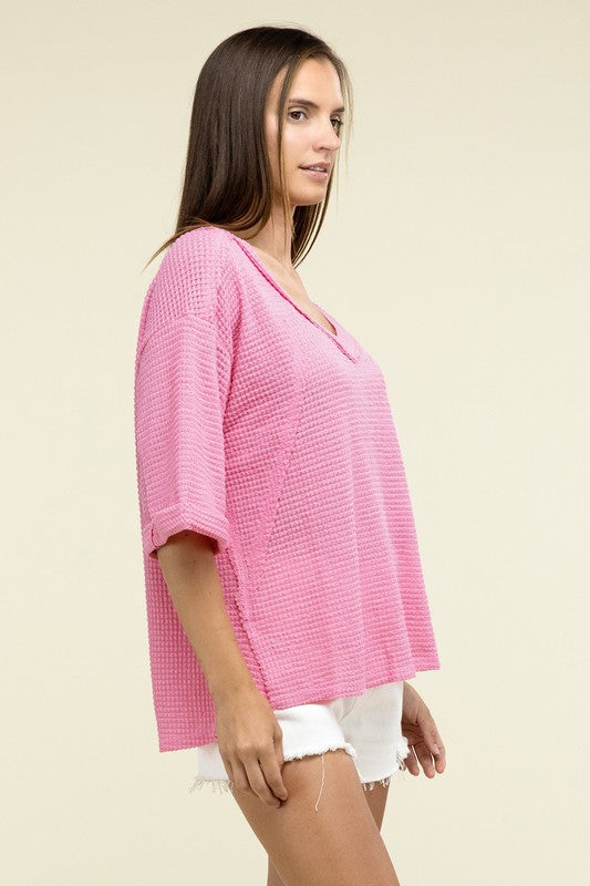 Brushed Waffle Relaxed 3/4 Sleeve Top ZENANA   