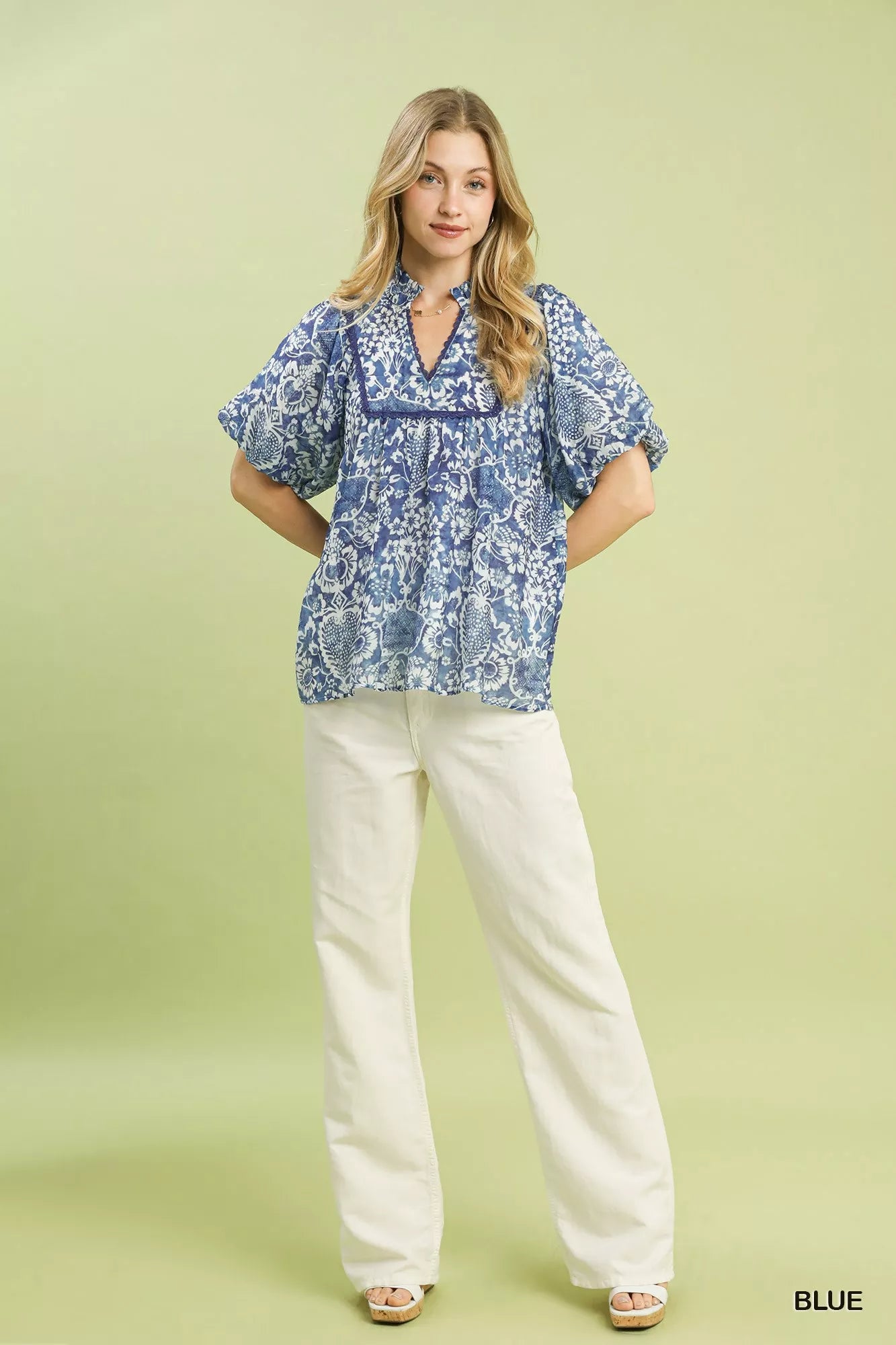 Abstract Print Ruffled Puff Sleeve Top Umgee