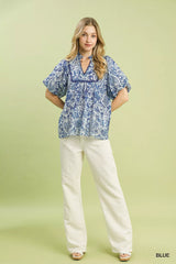 Abstract Print Ruffled Puff Sleeve Top Umgee